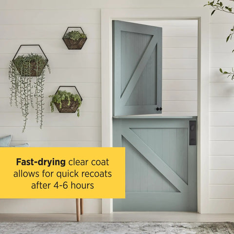 Next Level Clear Satin Polyurethane Spray, Hella Smooth Fast Drying Oil Based Wood Finish, for interior door frames in a modern setting.