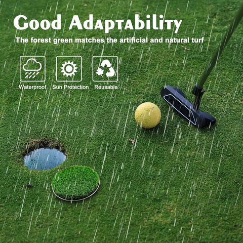 Backyard Golf Putting Green Hole Cup Set with Metal Base Four Piece Practice Kit for Home Golf Training, realistic cup cover and putter on lawn.