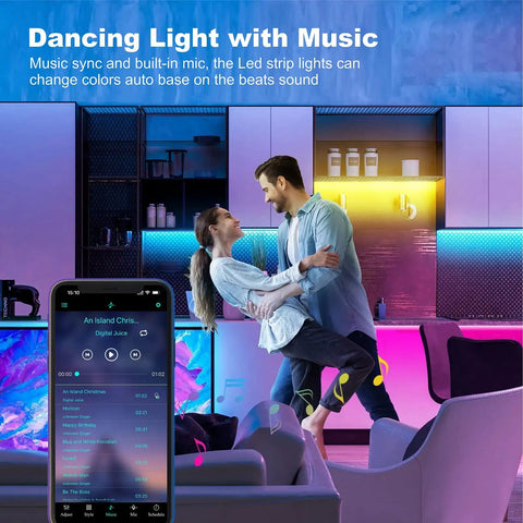 Couple dancing with 32.8Ft RGB LED Strip Lights For Bedroom With Music Sync 5050 Color Changing Tape Lights in living room