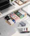 Slick Two Pack Under Desk Drawers With Smooth Glide Action, Fits Beneath Frames And Beams To Keep Workspace Clutter Free, Clear PET Build Lets You Grab Gear Fast, Dual Mount Setup Is Dead Simple, Straight Up Desk Essential For Productivity. Clear under desk drawers showing pens, notebooks, and a camera, perfect for organizing workspace.