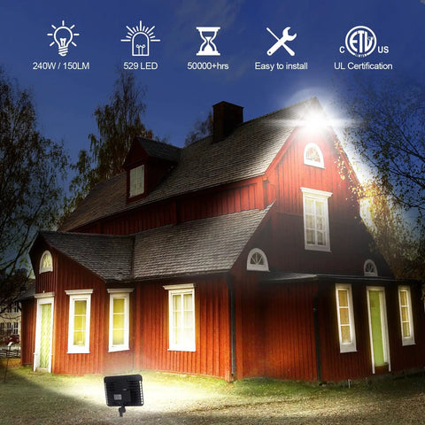 150W LED Flood Light With Dusk To Dawn Sensor, IP65 Waterproof Outdoor Floodlight illuminating a red house at night