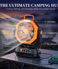 Camping Fan With Light Remote And Oscillation Battery Powered Hangin Tent Fan Rechargeable Portable For Camp Outdoor Emergencies Fishing RV Travel Jobsite on a table with charging phone.