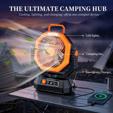 Camping Fan With Light Remote And Oscillation Battery Powered Hangin Tent Fan Rechargeable Portable For Camp Outdoor Emergencies Fishing RV Travel Jobsite on a table with charging phone.