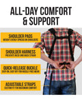 Person adjusting straps of Waxed Canvas Welding Apron With Kevlar Thread - Built Tough For Heat And Chemical Resistance, 27 by 34 inches.
