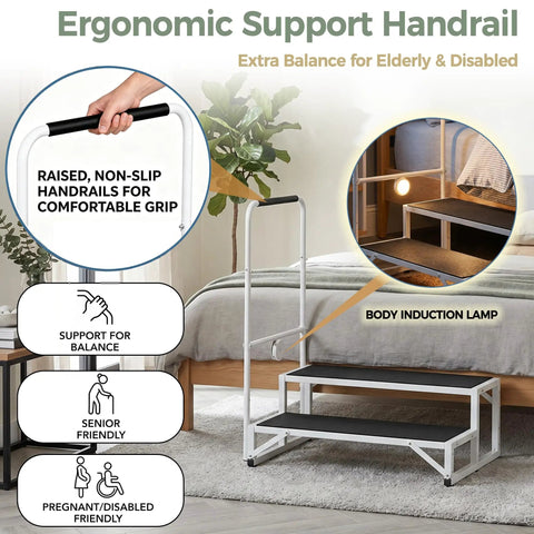 Senior Friendly Bed Step Stool For Adults And Elderly No Fuss Non Slip Stable Height Helper with ergonomic handrail and lamp