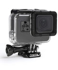 Waterproof Dive Case For GoPro Hero 7 Black, Hero 6, Hero 5 And 2018 Action Cameras with clear casing and mounting bracket.