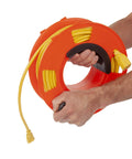 Hands holding Rugged 11 Inch Orange Cord Reel For Tactical Outdoor And Recreation Use Built To Last A Real Workhorse Heavy Duty Impact Resistant