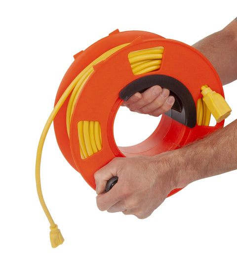 Hands holding Rugged 11 Inch Orange Cord Reel For Tactical Outdoor And Recreation Use Built To Last A Real Workhorse Heavy Duty Impact Resistant