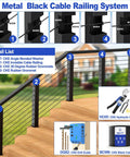 Metal black cable railing system with components and tools, includes heavy duty 1/8 inch black stainless steel cable wire for railing.