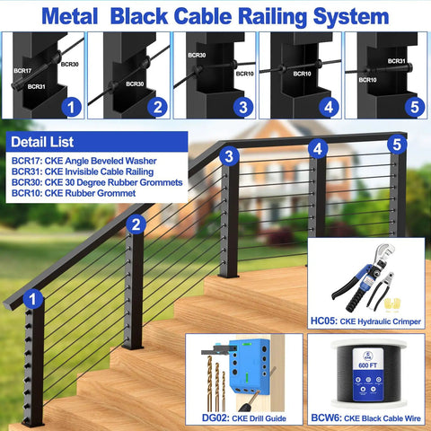 Metal black cable railing system with components and tools, includes heavy duty 1/8 inch black stainless steel cable wire for railing.