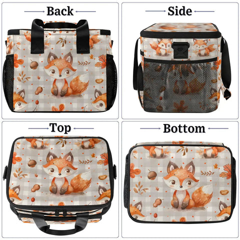 Insulated Picnic Backpack Lunch Bag for Women and Men Roomy 12 by 8.7 by 10 inch tote with fox pattern, showing all sides