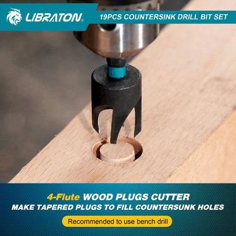Countersink Drill Bit Set For Woodworking, 19 Piece Set With Tapered Bits in use creating hole on wood surface.