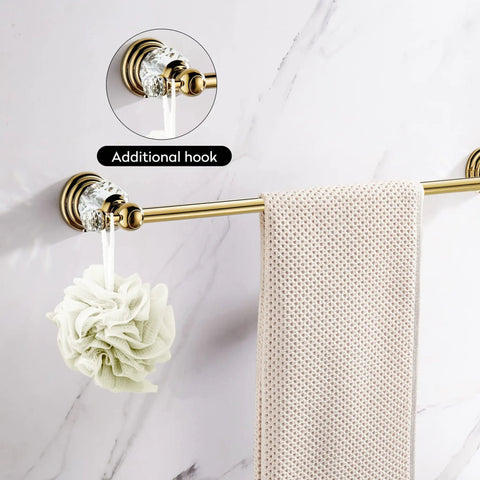 Gold Crystal Towel Bar With Adjustable Rack For That Boss Vibe Luxury Gold Finished Wall Mounted Towel Holder Space Saving Single Rail With Crystal End Balls And Bonus Hook For Bath Accessories showing crystal ends and hook on marble wall.