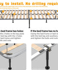 Diagram showing installation of Adjustable Height Bed Support Legs 7.08 to 12.6 Inches with Swivel Base on bed frame slats.