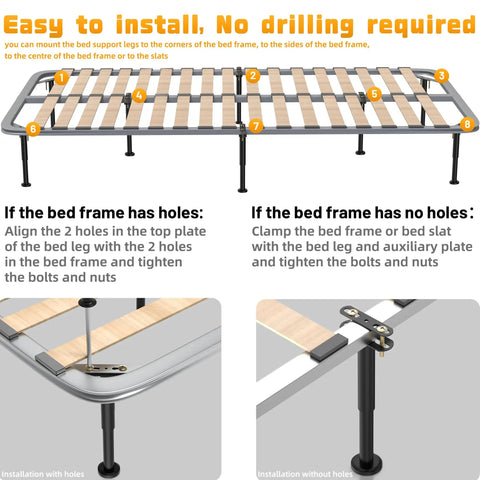 Diagram showing installation of Adjustable Height Bed Support Legs 7.08 to 12.6 Inches with Swivel Base on bed frame slats.