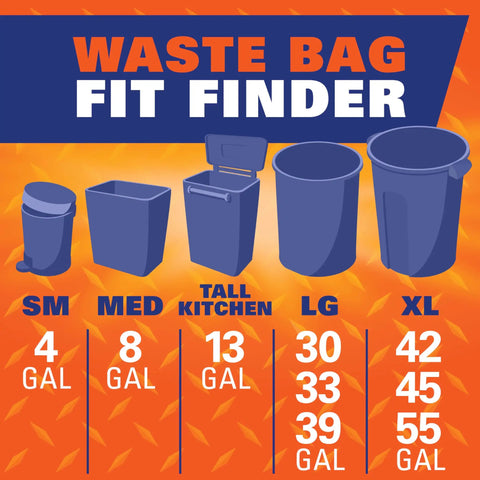 Illustration of trash bin sizes from 4 to 55 gallons for Ultra Strong 13 Gallon Black Trash Bags Tall Kitchen Garbage Bags With Drawstring