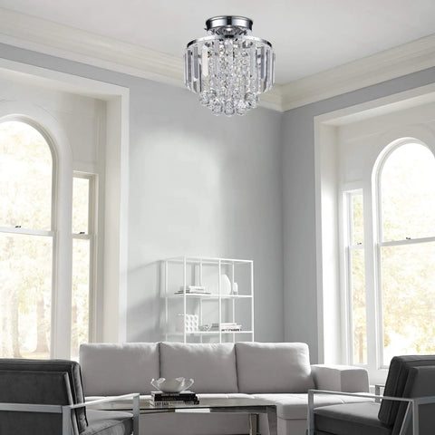 Mini Chrome Crystal Chandelier For Modern Pads, Semi Flush Mount Round Ceiling Light Fixture in a bright living room.