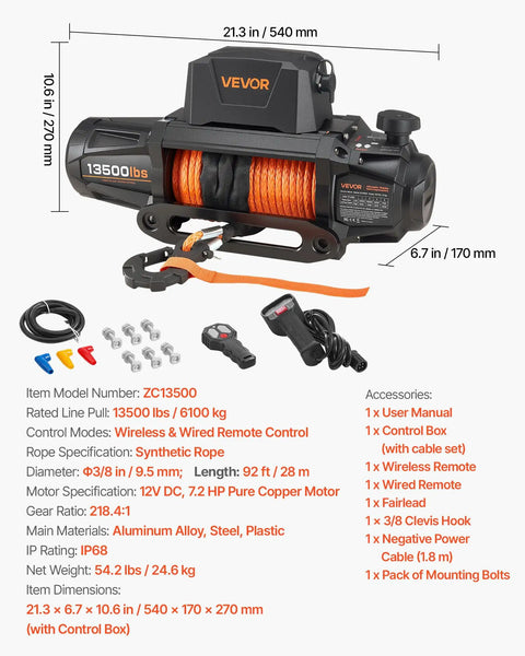 Heavy Duty 13500 Lbs Electric Winch For Off Road Recovery 12V DC Vehicle Winch With 3/8 In X 92 Ft Synthetic Rope Wireless And Wired Remote IP68 Waterproof Tow Jeep SUV Boat with accessories