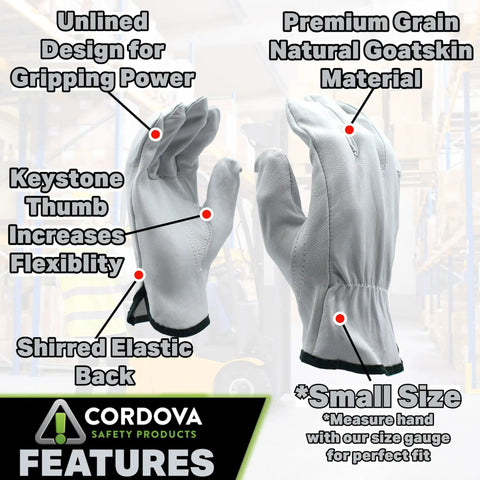 Premium Grain Goatskin Driver Gloves, Small, showing features: keystone thumb, flexible shirred back, in light gray.