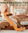 Adjustable Bread Knife With Precision Thickness Guide slicing sourdough loaf, bamboo handle, serrated blade visible