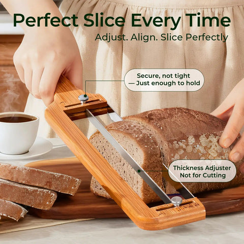 Adjustable Bread Knife With Precision Thickness Guide slicing sourdough loaf, bamboo handle, serrated blade visible