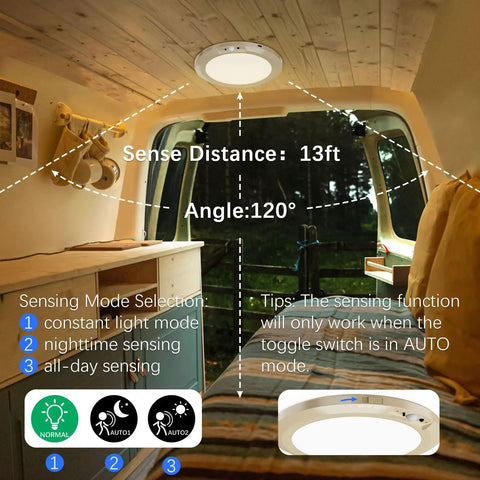 Battery Powered Motion Sensor LED Ceiling Lights With Auto On Off in camper, showing sensing modes and installation
