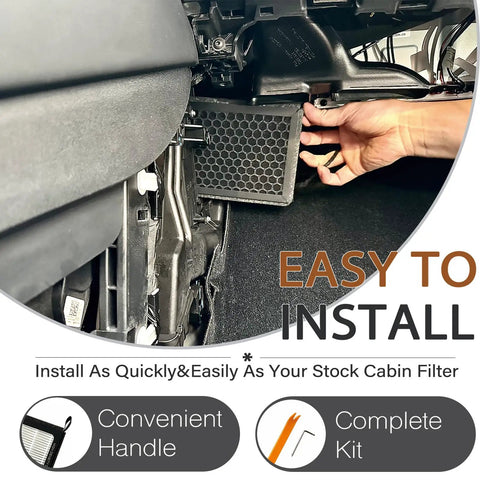 Installation of 2 Pack Activated Carbon HEPA Cabin Air Filter For Tesla Model 3 And Model Y 2016 To 2026 with convenient handle