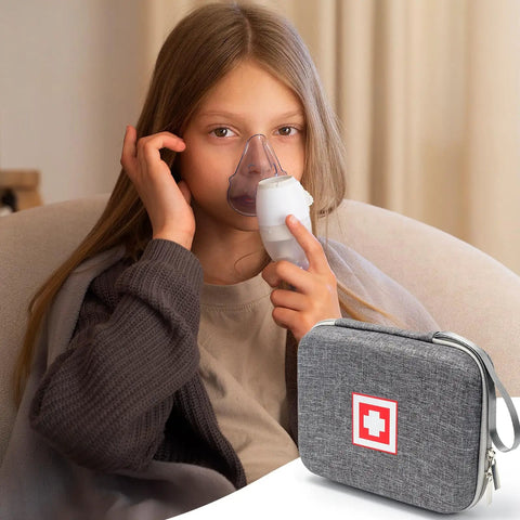 Child using a nebulizer with Travel Ready Hard Shell Medical Case for Portable Nebulizer and Inhaler Accessories nearby.