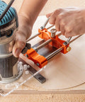 Person using Rock Solid Router Guide Rail Adapter With Swivel Quick Adjust For Curved Arc Projects Universal Fit For All Major Brands.