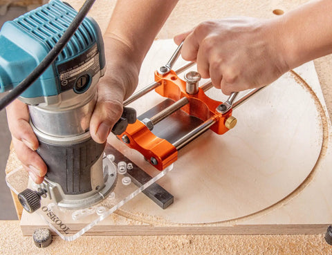 Person using Rock Solid Router Guide Rail Adapter With Swivel Quick Adjust For Curved Arc Projects Universal Fit For All Major Brands.