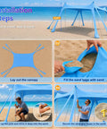 Installation steps for Grab And Go Beach Tent Sun Shelter 10x10 Ft UPF50 Plus with sandbag filling and pole securing on beach.