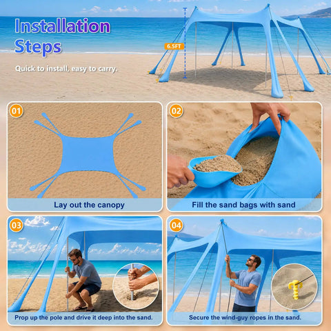 Installation steps for Grab And Go Beach Tent Sun Shelter 10x10 Ft UPF50 Plus with sandbag filling and pole securing on beach.