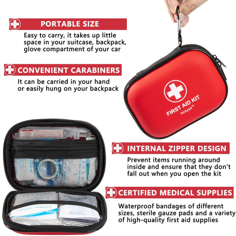Red mini hard-shell first aid kit with zipper; open view reveals mesh pockets and bandages