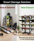 Freakishly Durable Industrial Grade Steel Knocks Out Clutter With A Badass 4 Tier Skateboard Rack Floor Stand For Garage Bedroom Display Holds 4 boards in a neat vertical arrangement.