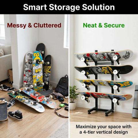 Freakishly Durable Industrial Grade Steel Knocks Out Clutter With A Badass 4 Tier Skateboard Rack Floor Stand For Garage Bedroom Display Holds 4 boards in a neat vertical arrangement.