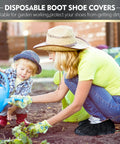 Person gardening with child wearing 300 Pack Disposable Shoe Covers Non Slip Heavy Duty Black Booties For Indoors And Contractors.