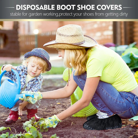 Person gardening with child wearing 300 Pack Disposable Shoe Covers Non Slip Heavy Duty Black Booties For Indoors And Contractors.