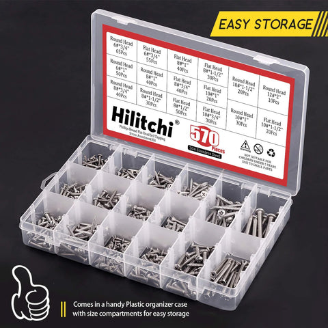 Hilitchi 570-piece stainless steel Phillips round-head self-tapping screw assortment kit in clear storage case