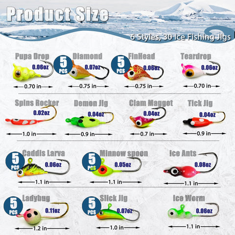 Visual chart showing 160 Piece Ice Fishing Jigs And Soft Worm Baits Kit With UV And Micro Glow sizes, weights, and styles.