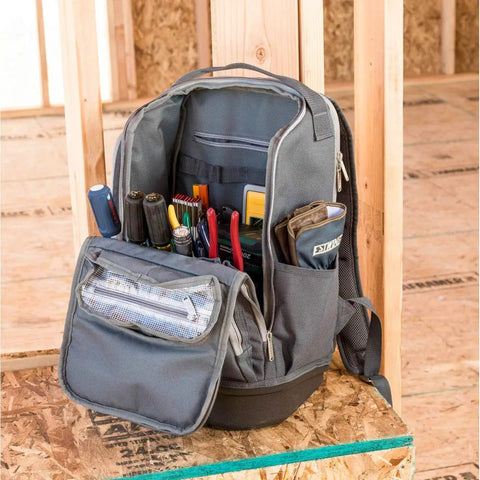 20 Inch Hard Bottom Tool Backpack Built Tough With Durable 1800D Polyester And Top Grain Leather Padded Cooling Liner in use