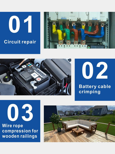 Heavy Duty Hydraulic Crimping Tool And Cable Cutter Set 10 Ton Power Crimper With 12 AWG To 2/0 AWG Range Includes 9 Die Pairs For Battery Cables Lug Crimping And Electrical Terminal Wire Kit, shown in circuit repair, battery cable crimping, and wire rope compression applications.