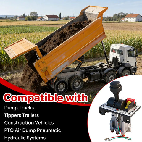 Dump truck unloading soil with visible PTO Air Shift Control Valve With Push To Connect Fittings for hydraulic system replacement