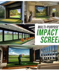 Indoor golf setup with Ultra Durable Golf Simulator Impact Screen for At Home Indoor Swing Practice, 3D Air Mesh Projection Screen