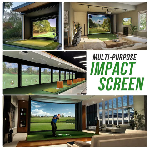 Golf Simulator Impact Screen With 3D Air Mesh For Home Indoor Practice, Durable Hitting Net With Grommet Holes, Heavy Duty Projection Screen, 7 Size Options Including 13 By 9.8 Feet showcased in indoor settings with various lighting and decor.