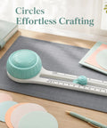 Adjustable Circle Cutter For Crafts And Scrapbooking Super Precise Round Paper Trimmer Punch Alternative on a craft table with circle cutouts.