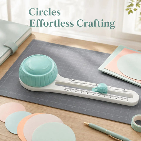 Adjustable Circle Cutter For Crafts And Scrapbooking Super Precise Round Paper Trimmer Punch Alternative on a craft table with circle cutouts.