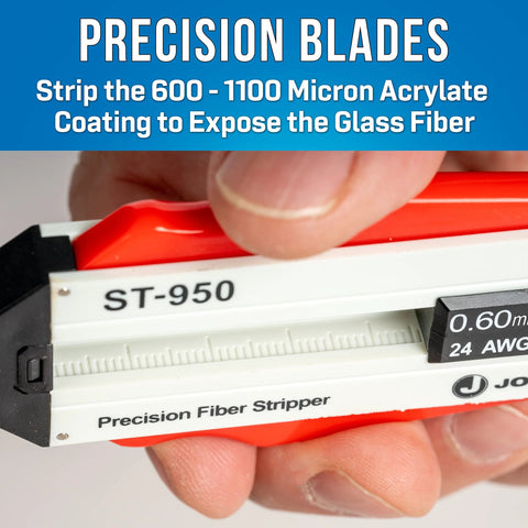 Side view of Jonard Tools ST-950 precision fiber optic stripper with red handle and white body.