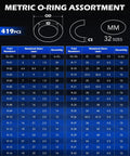 Metric O-ring chart with part numbers and dimensions for All In One 826 Piece O Ring Kit With 32 SAE And Metric Sizes For Plumbing Automotive And Faucet Repair Nitrile Rubber Rings Includes Picks And Hooks In Two Durable Cases For Home Workshops And Pro Shops With Clear Dividers For Quick Selection