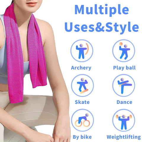 Woman wearing a pink towel around neck with text showcasing uses for Must Have 4 Pack Cooling Towels 40x12 Inches Microfiber Ice Towels.