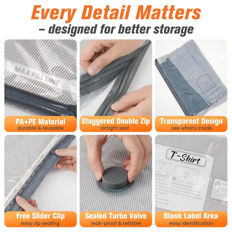 Ultimate 15 Pack Vacuum Storage Bags With Cordless Pump featuring PA+PE material and transparent design details